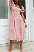 Smocked Gingham Tiered Midi Dress - Pink