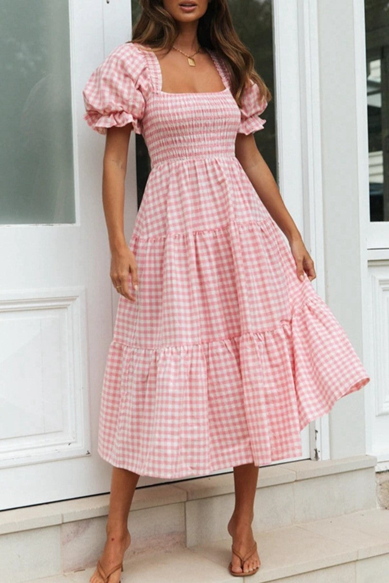 Smocked Gingham Tiered Midi Dress - Pink - 1