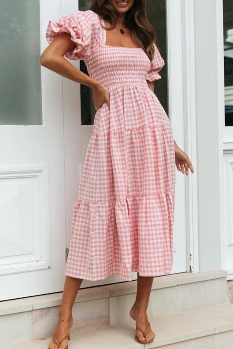 Smocked Gingham Tiered Midi Dress - Pink - 2