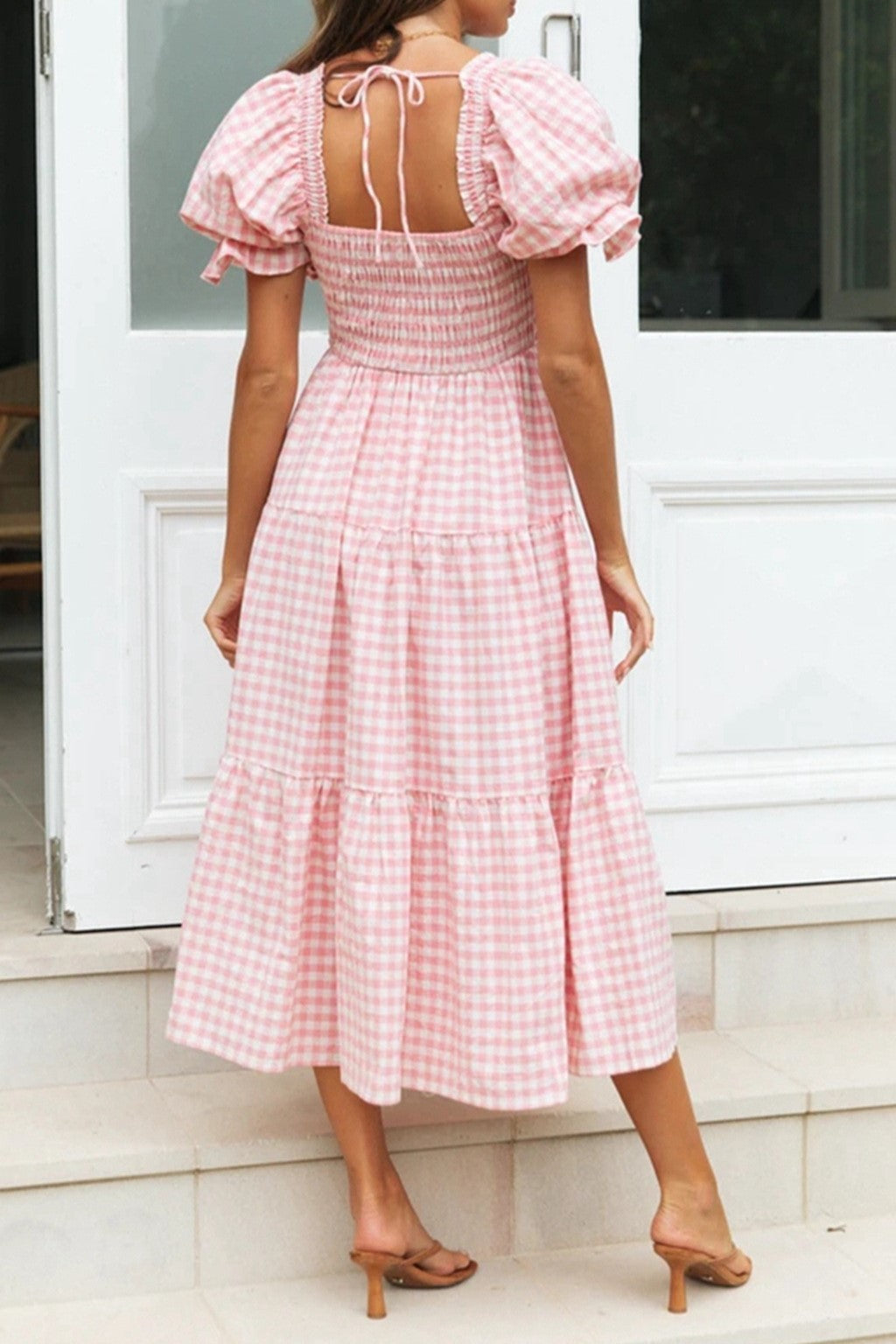 Smocked Gingham Tiered Midi Dress - Pink - 3