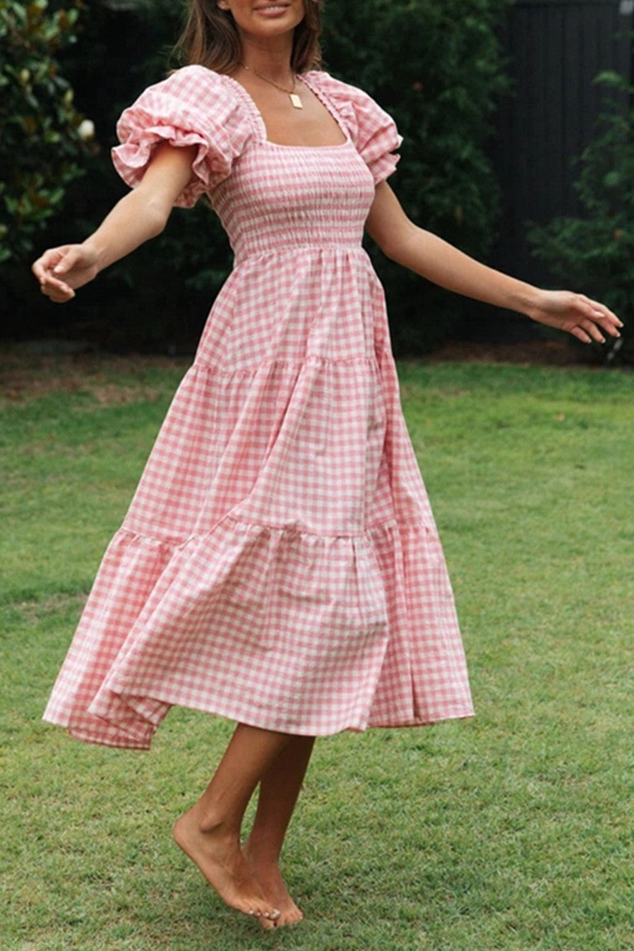Smocked Gingham Tiered Midi Dress - Pink - 4