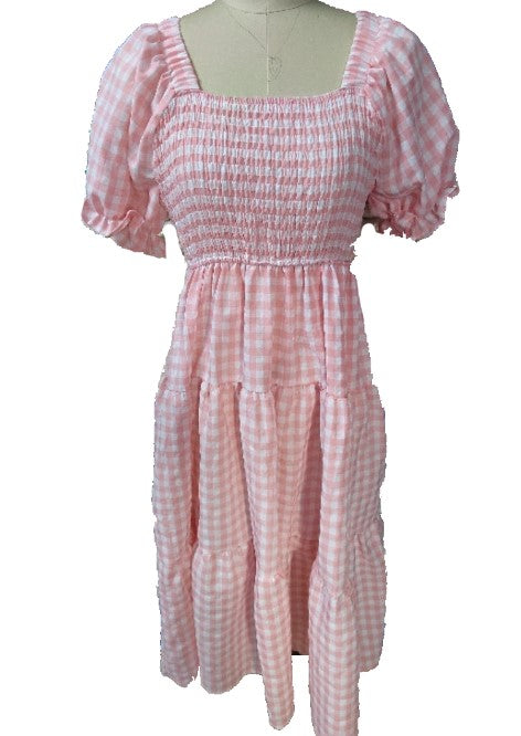 Smocked Gingham Tiered Midi Dress - Pink - 5