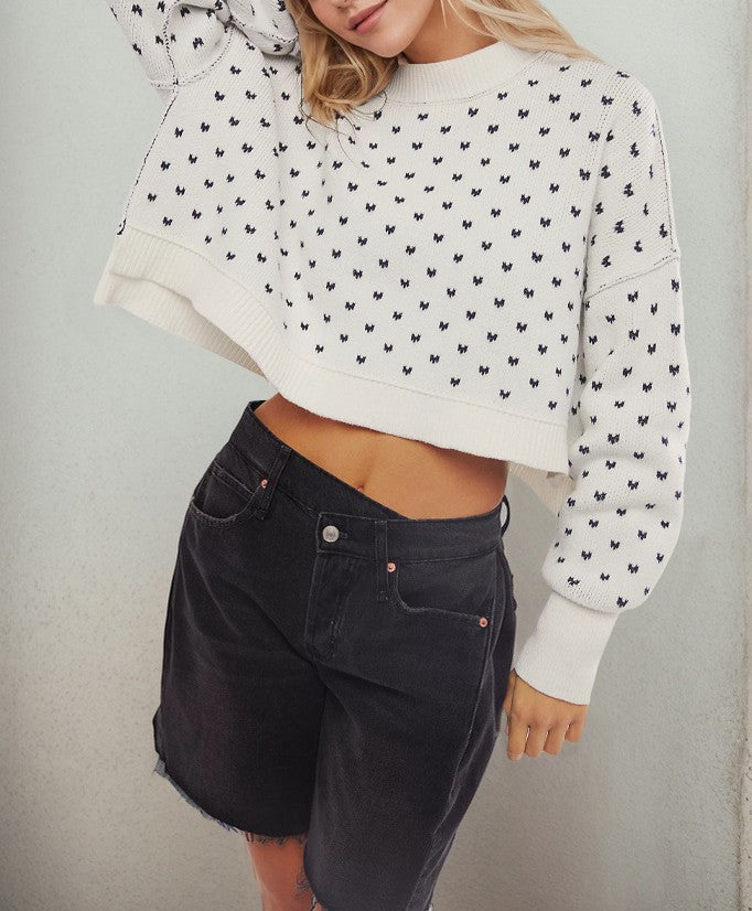 Drop Shoulder Butterfly Knit Pullover Sweater - white