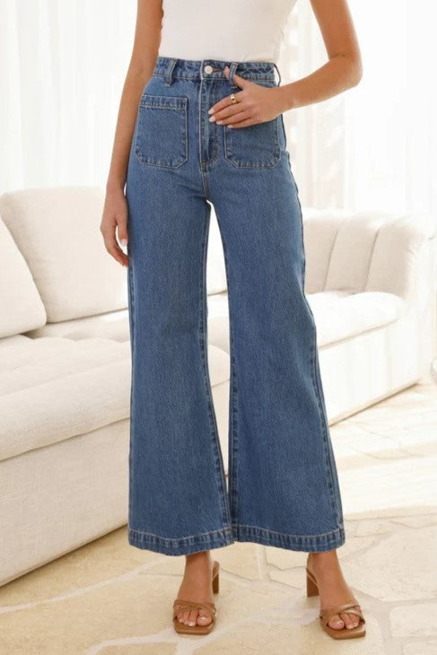 High Waist Patch Pocket Flare Jeans - Blue