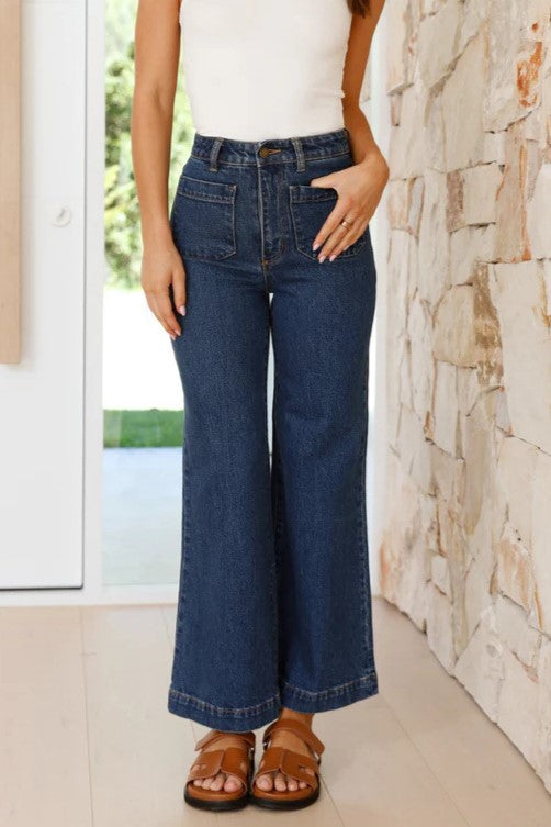 High Waist Patch Pocket Flare Jeans - DarkBlue