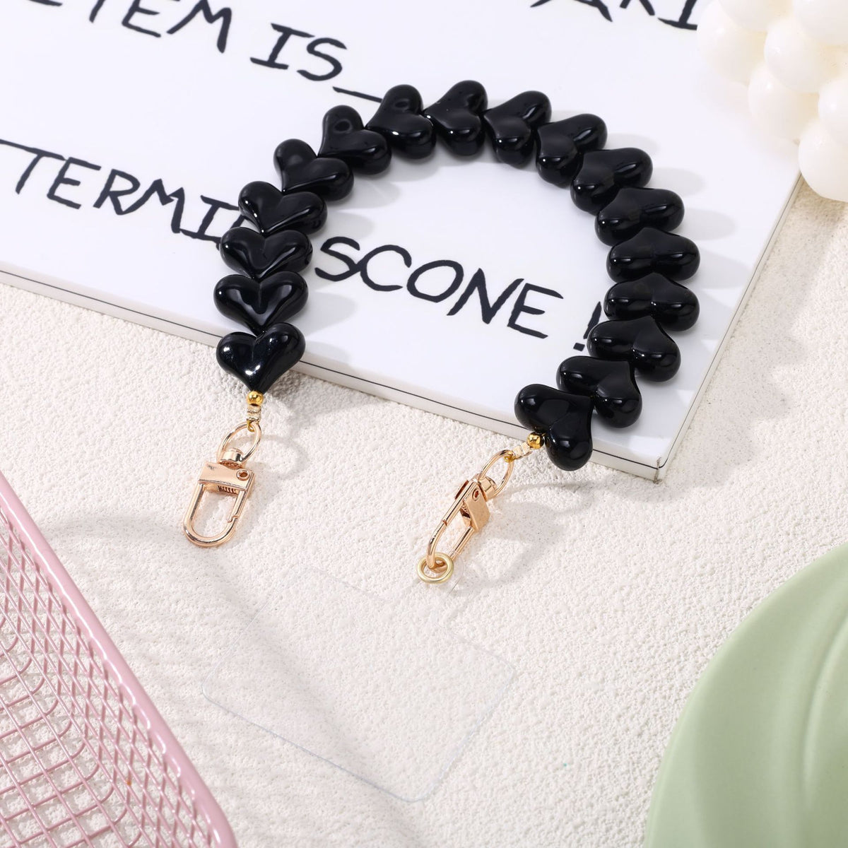 Glossy Chunky Heart Bead Bag Handle Strap - Black