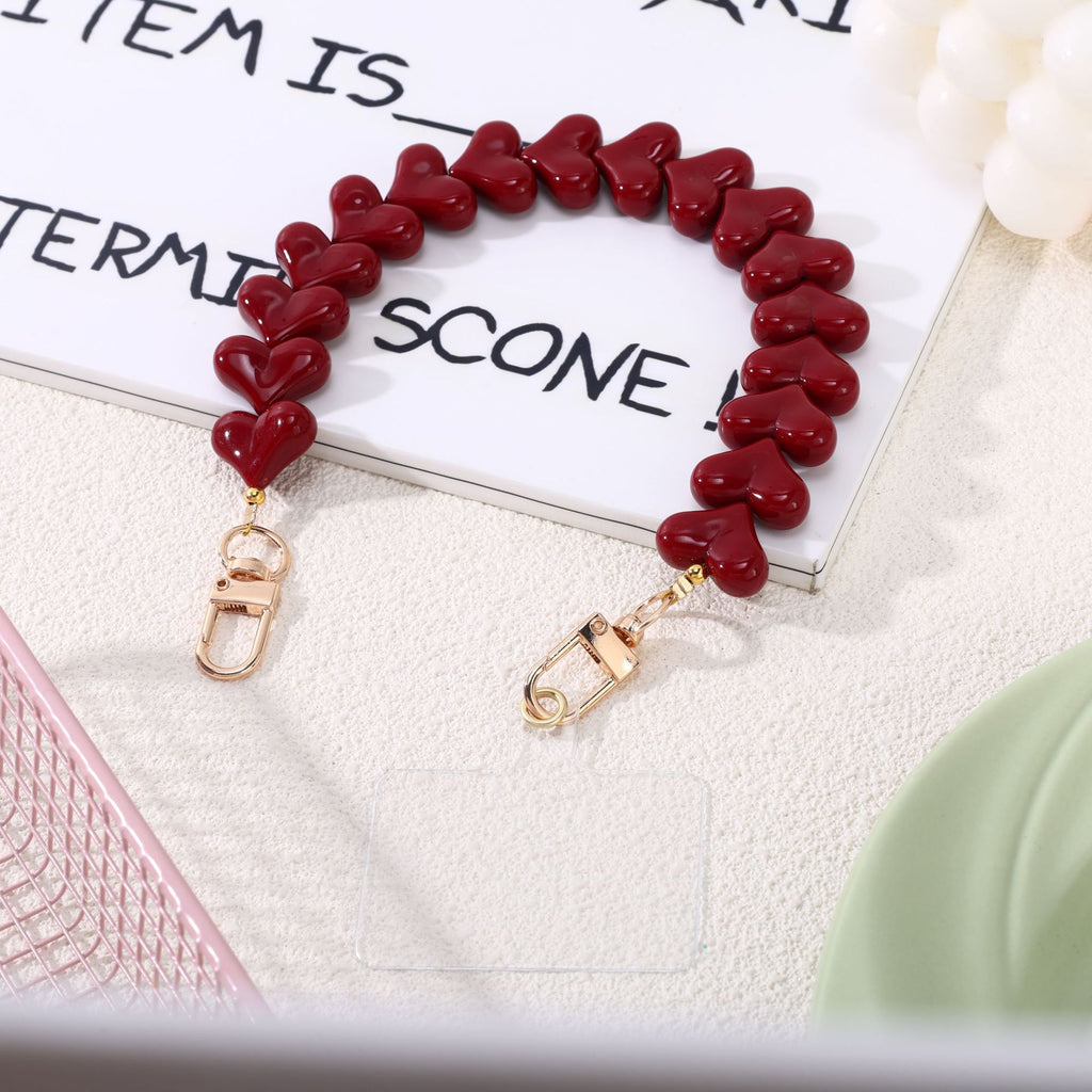 Glossy Chunky Heart Bead Bag Handle Strap - Dark_Red