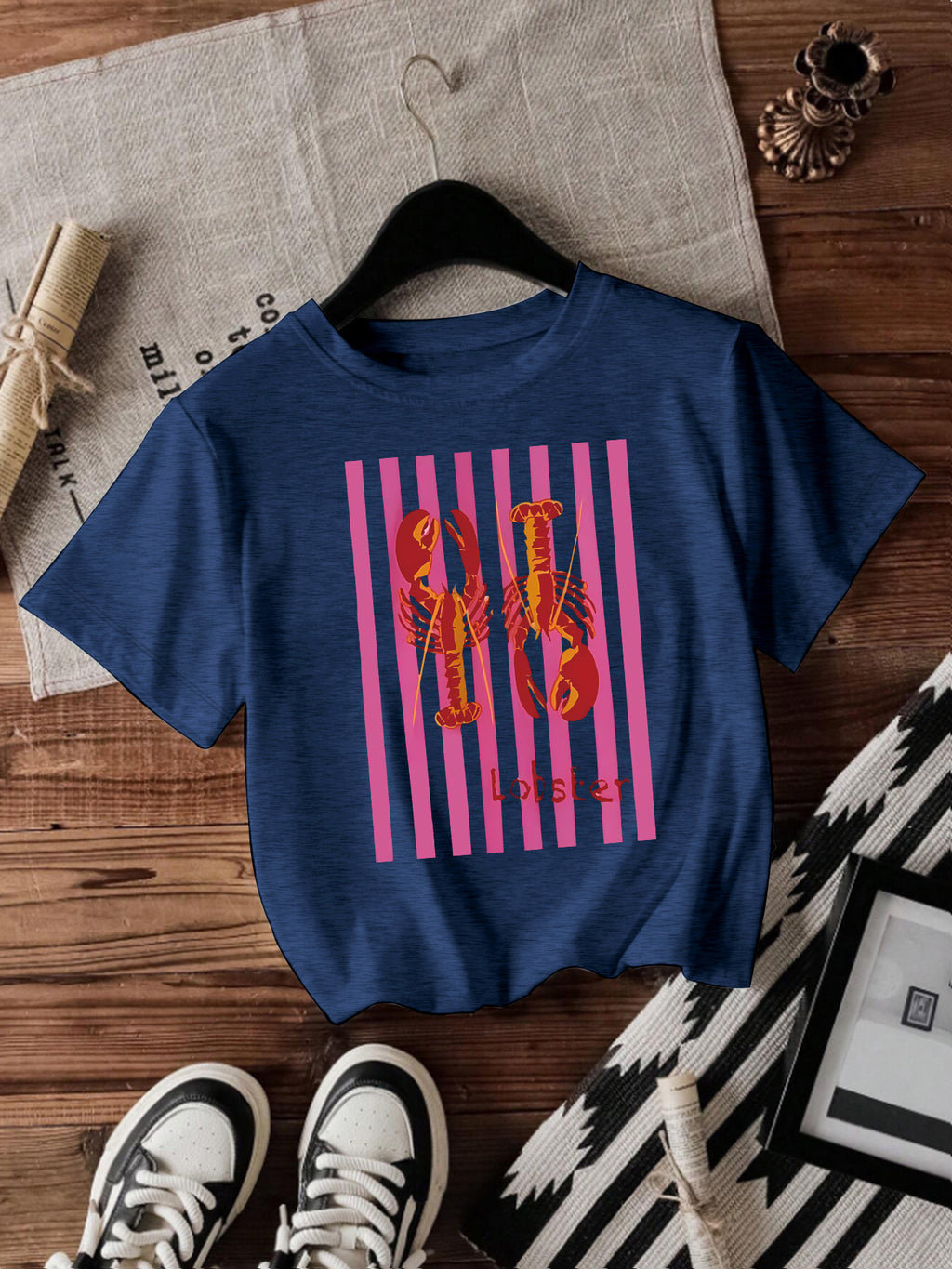 Retro Lobster Graphic Striped Print Tee - DarkBlue