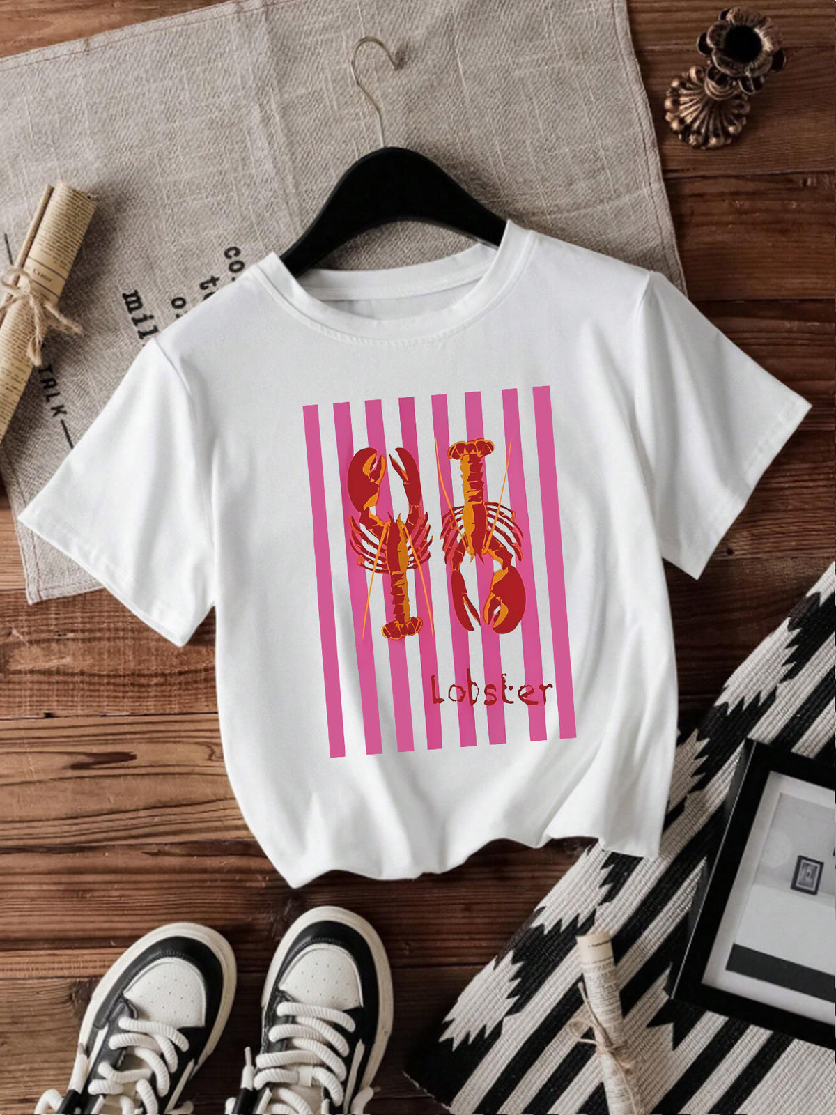 Retro Lobster Graphic Striped Print Tee - White