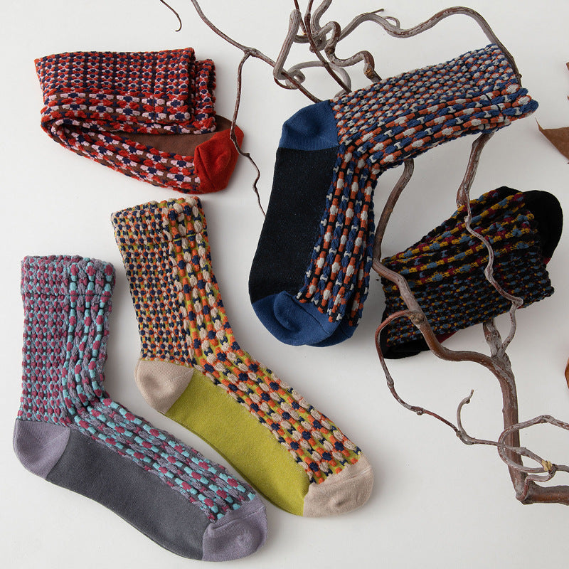 Textured Waffle Dot Vintage Socks - Black