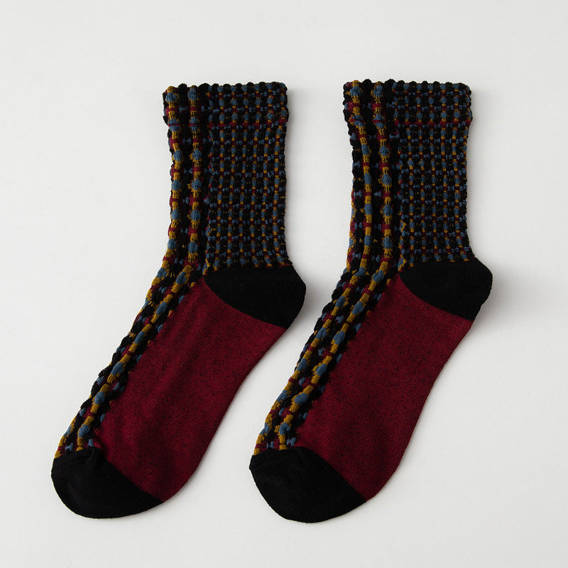 Textured Waffle Dot Vintage Socks - Black - 1