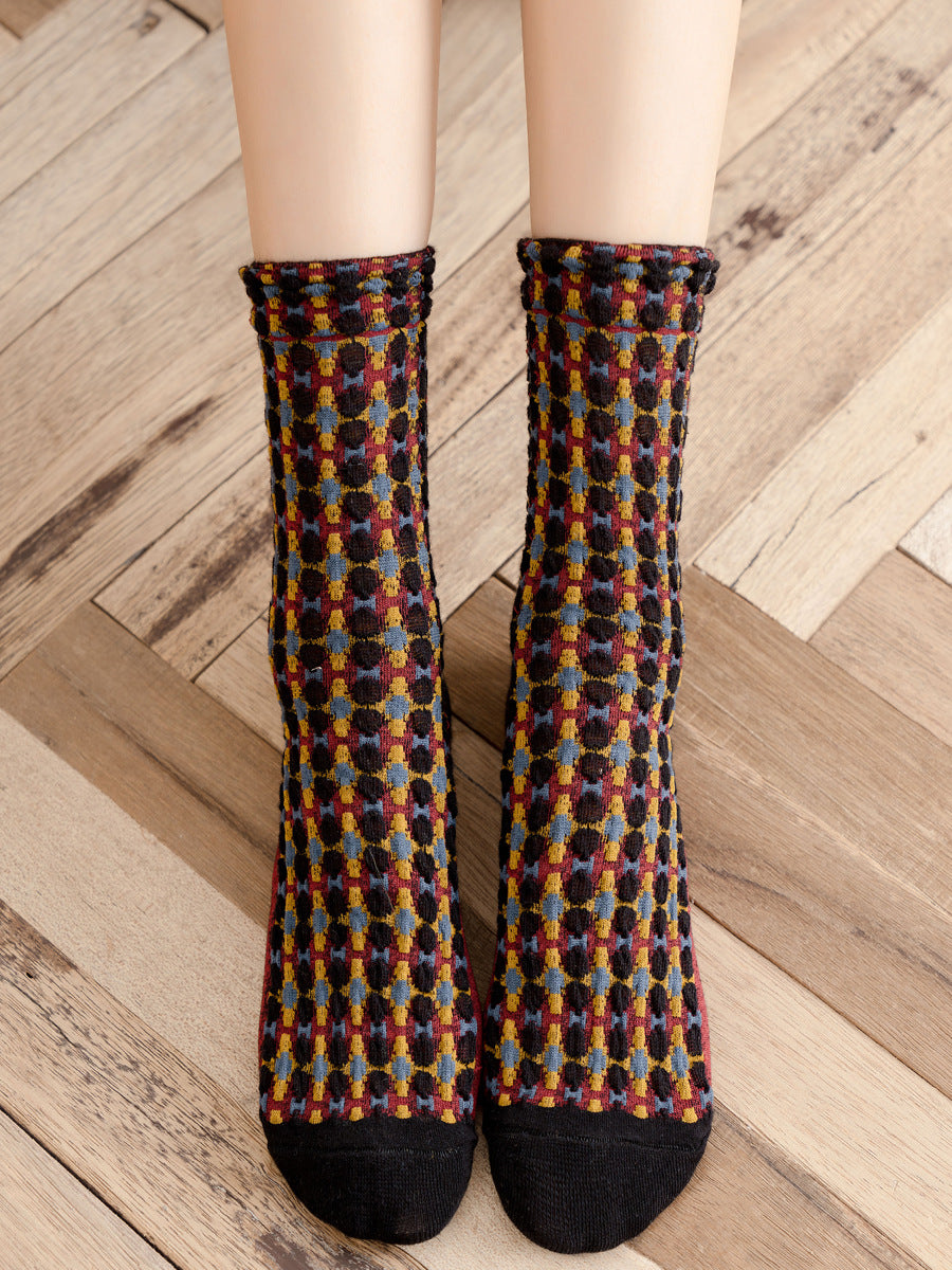 Textured Waffle Dot Vintage Socks - Black - 2