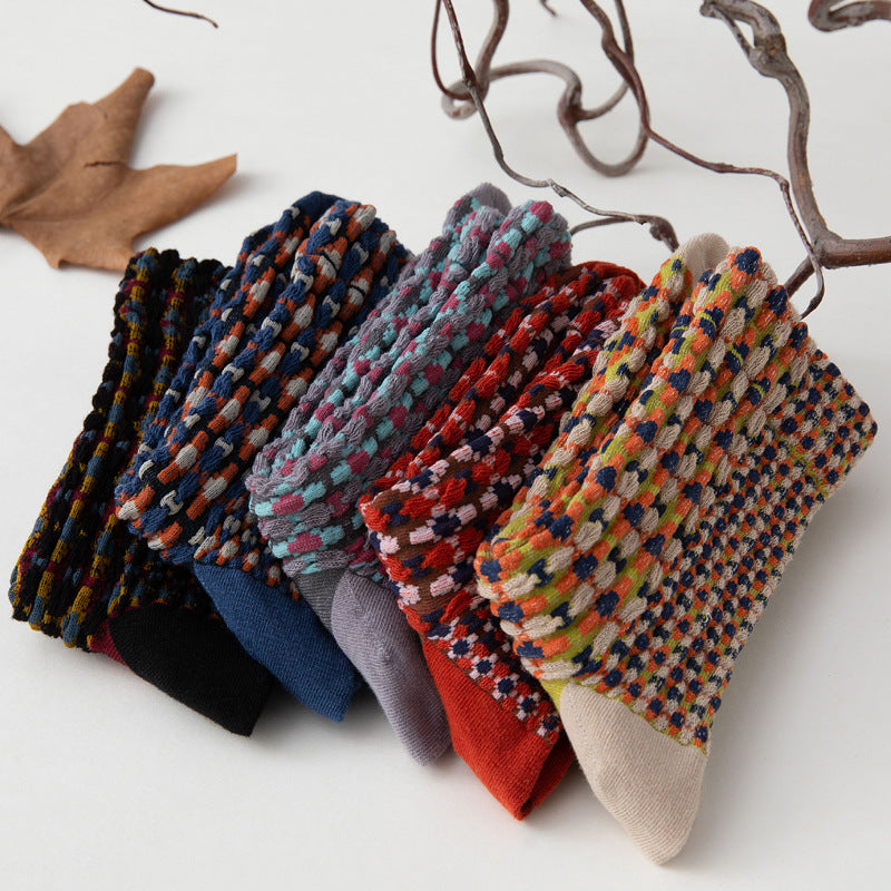 Textured Waffle Dot Vintage Socks - Black - 3