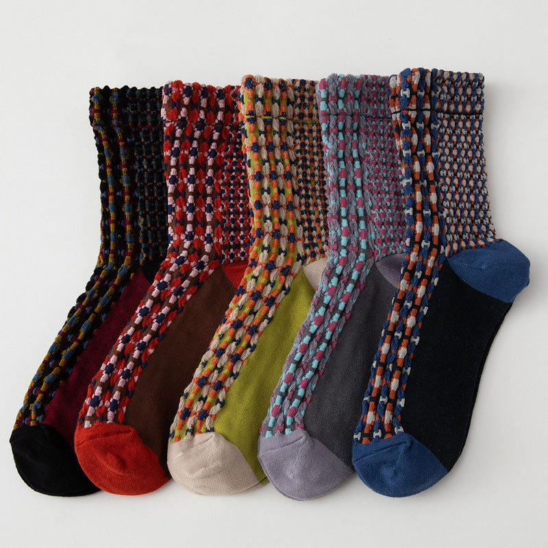 Textured Waffle Dot Vintage Socks - Black - 4