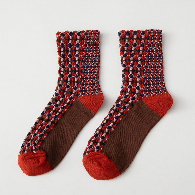 Textured Waffle Dot Vintage Socks - Red