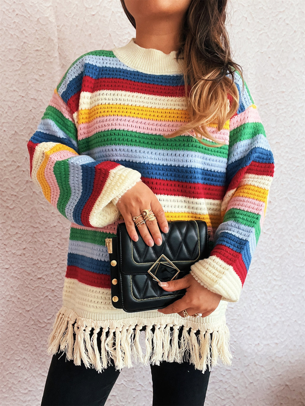 Rainbow Stripe Tassel Hem Knit Sweater - Apricot
