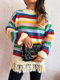 Rainbow Stripe Tassel Hem Knit Sweater - Apricot