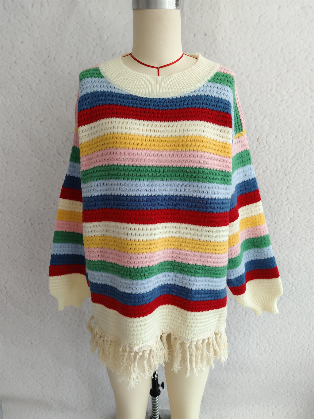 Rainbow Stripe Tassel Hem Knit Sweater - Apricot - 1