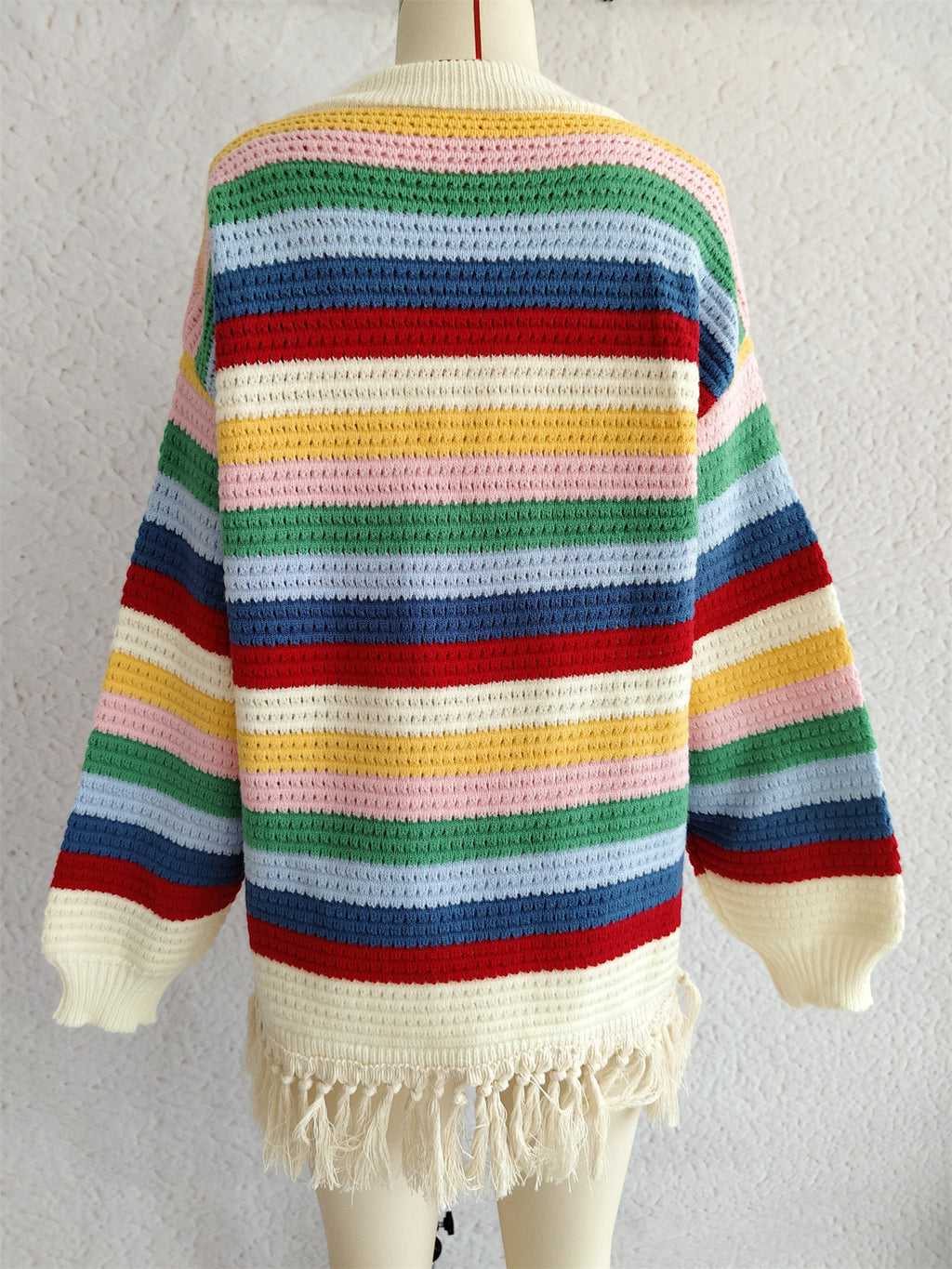Rainbow Stripe Tassel Hem Knit Sweater - Apricot - 2