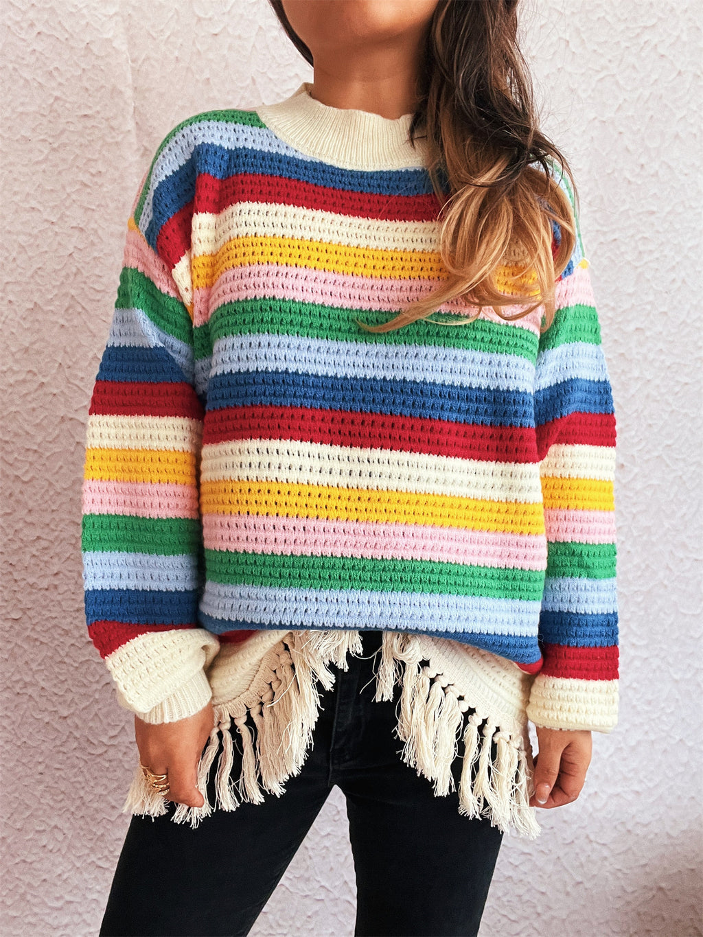 Rainbow Stripe Tassel Hem Knit Sweater