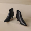 Pointed Toe V Cut Kitten Heel Ankle Boots - Black