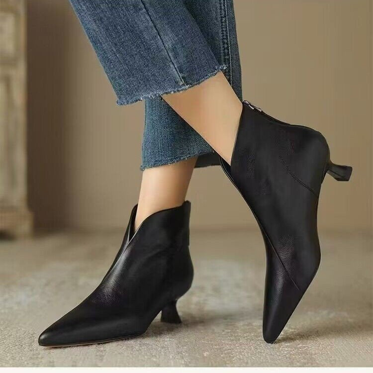 Pointed Toe V Cut Kitten Heel Ankle Boots