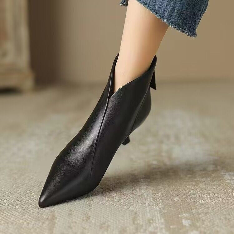 Pointed Toe V Cut Kitten Heel Ankle Boots