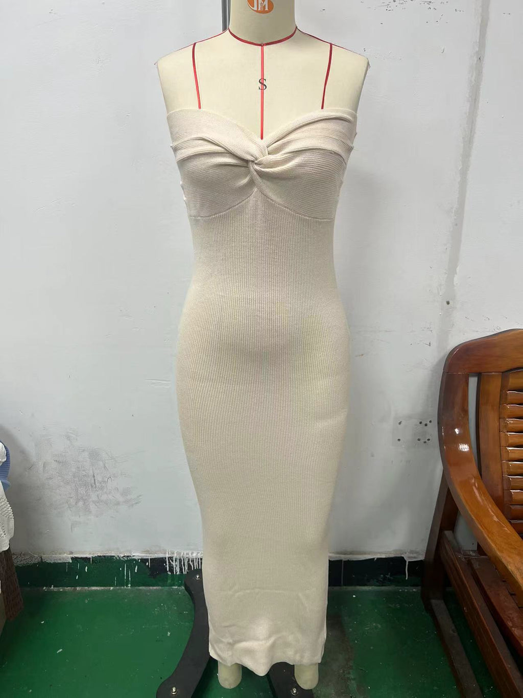 Twist Front Strapless Ribbed Bodycon Maxi Dress - Apricot