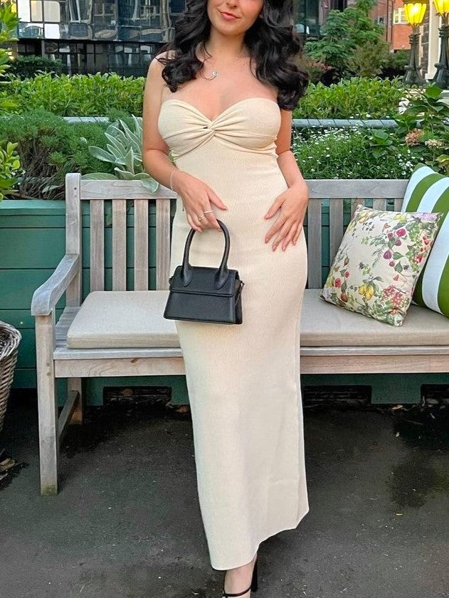 Twist Front Strapless Ribbed Bodycon Maxi Dress - Apricot - 1