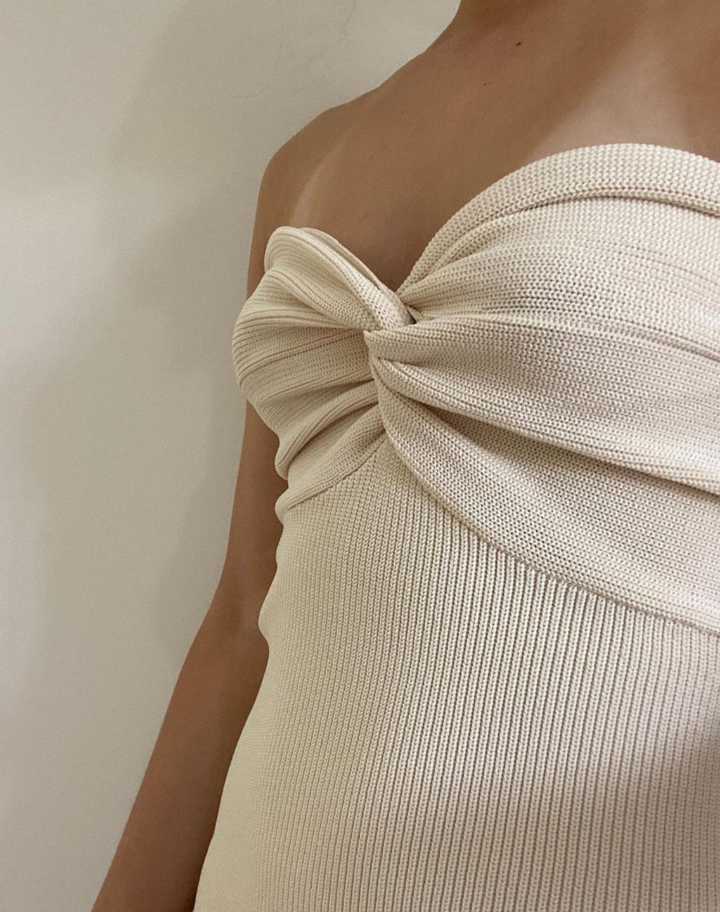 Twist Front Strapless Ribbed Bodycon Maxi Dress - Apricot - 3