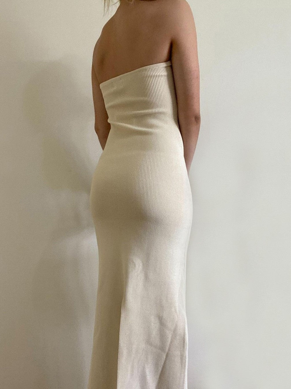 Twist Front Strapless Ribbed Bodycon Maxi Dress - Apricot - 4