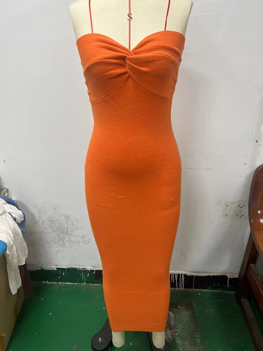 Twist Front Strapless Ribbed Bodycon Maxi Dress - Orange