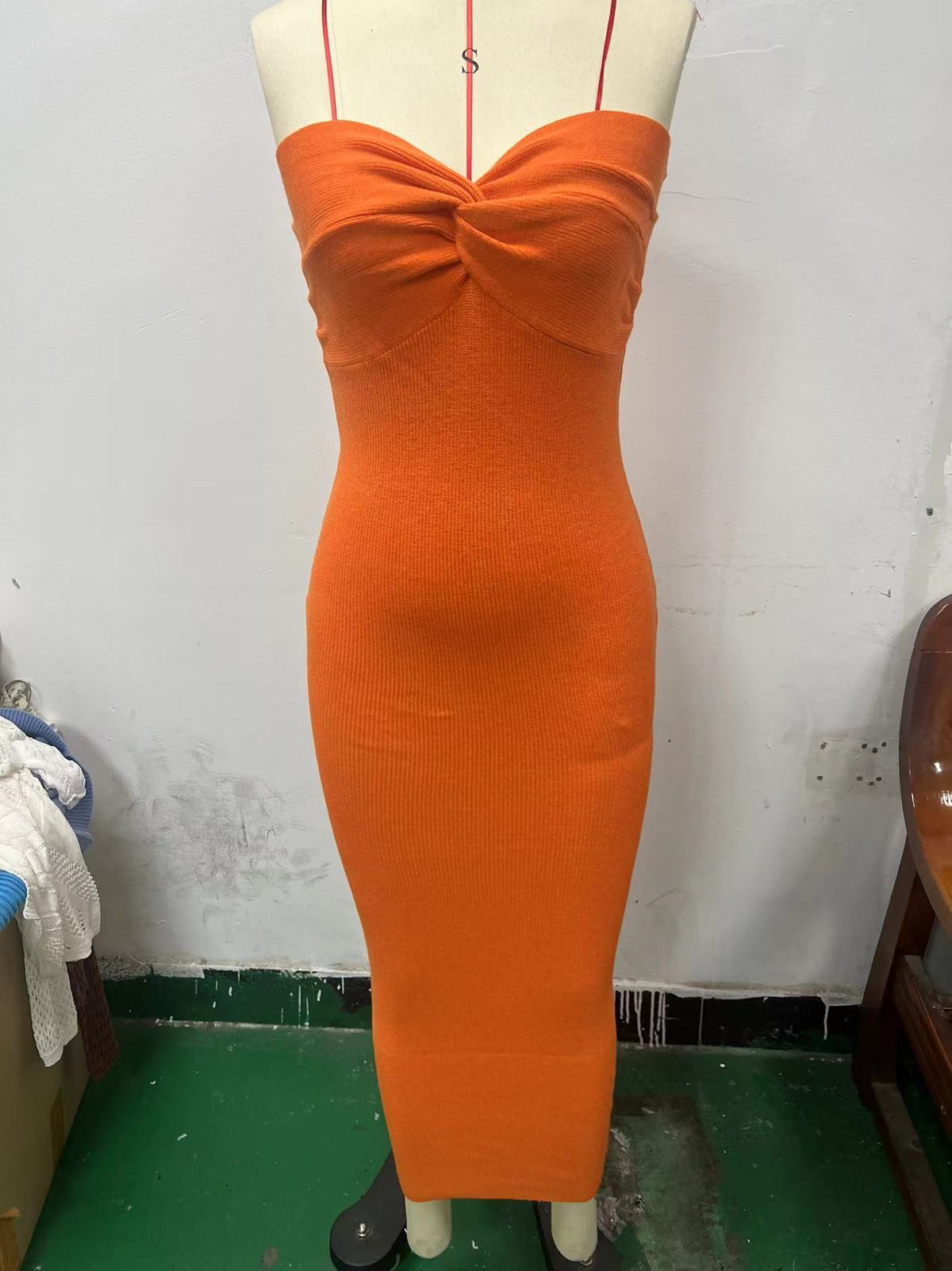 Twist Front Strapless Ribbed Bodycon Maxi Dress - Orange