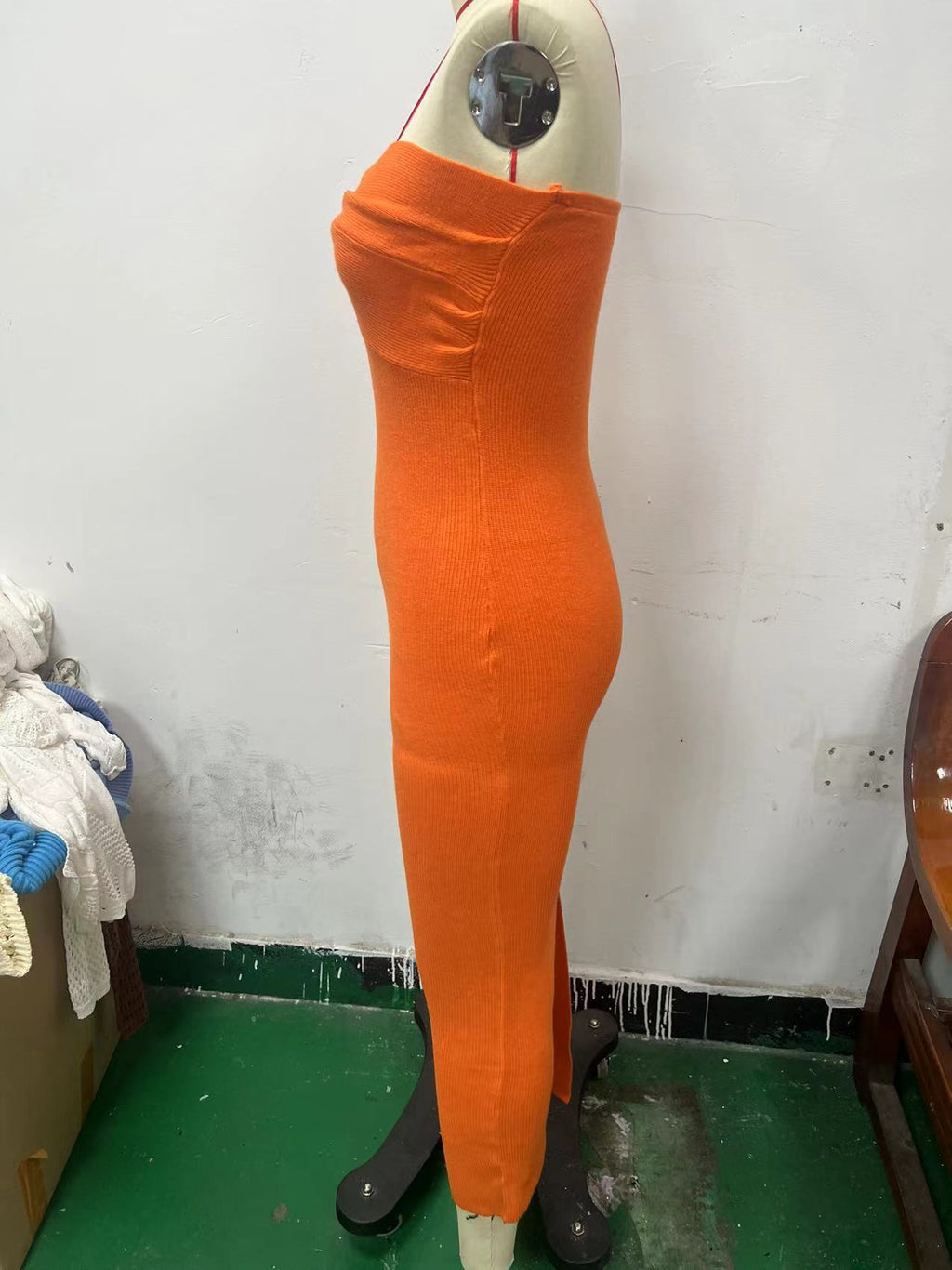 Twist Front Strapless Ribbed Bodycon Maxi Dress - Orange - 1