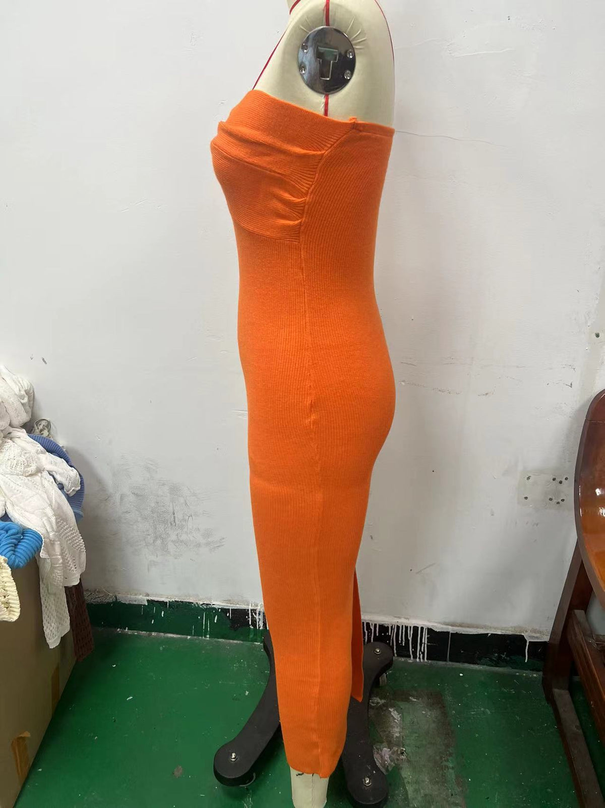 Twist Front Strapless Ribbed Bodycon Maxi Dress - Orange - 1