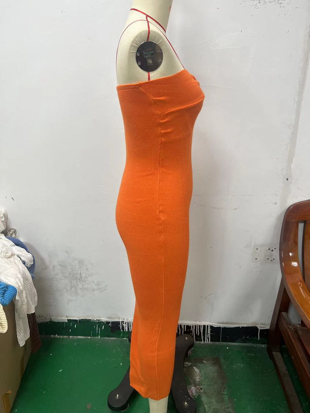 Twist Front Strapless Ribbed Bodycon Maxi Dress - Orange - 2