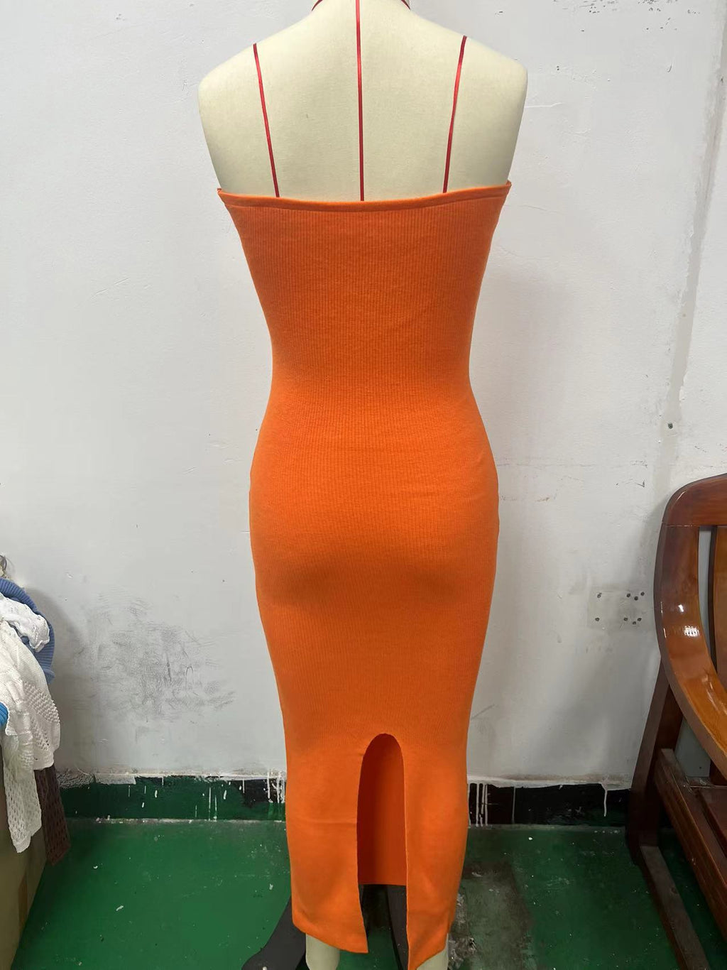 Twist Front Strapless Ribbed Bodycon Maxi Dress - Orange - 3