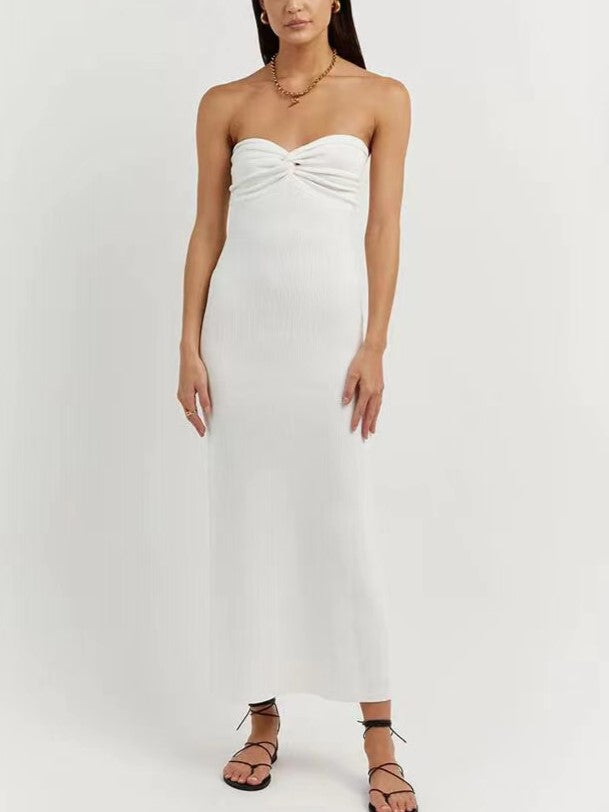 Twist Front Strapless Ribbed Bodycon Maxi Dress - White - 1