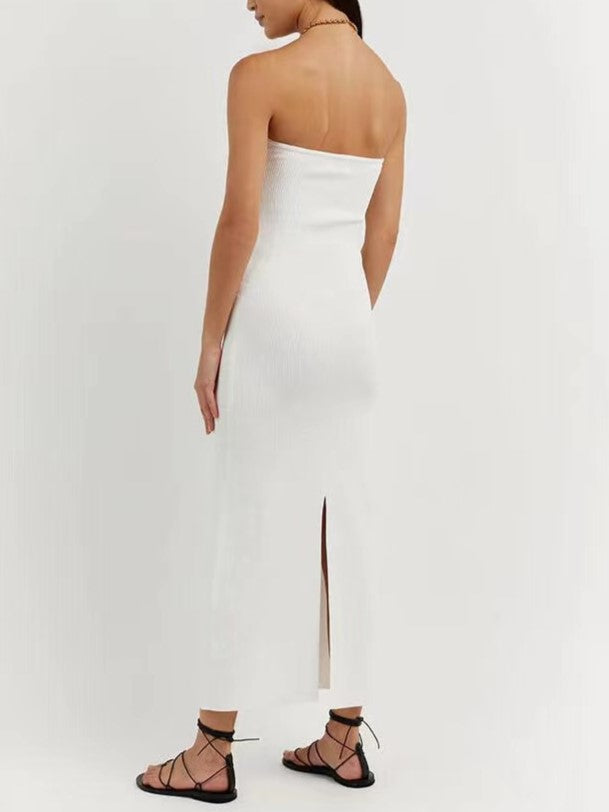 Twist Front Strapless Ribbed Bodycon Maxi Dress - White - 2