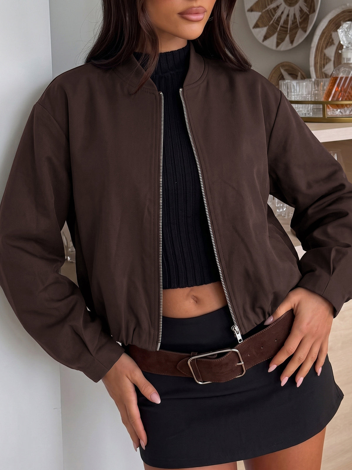 Cropped Bomber Jacket With Ribbed Stand Collar - Brown - 1