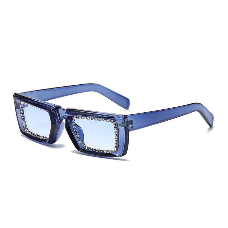 Crystal Rim Chunky Square Sunglasses - Blue
