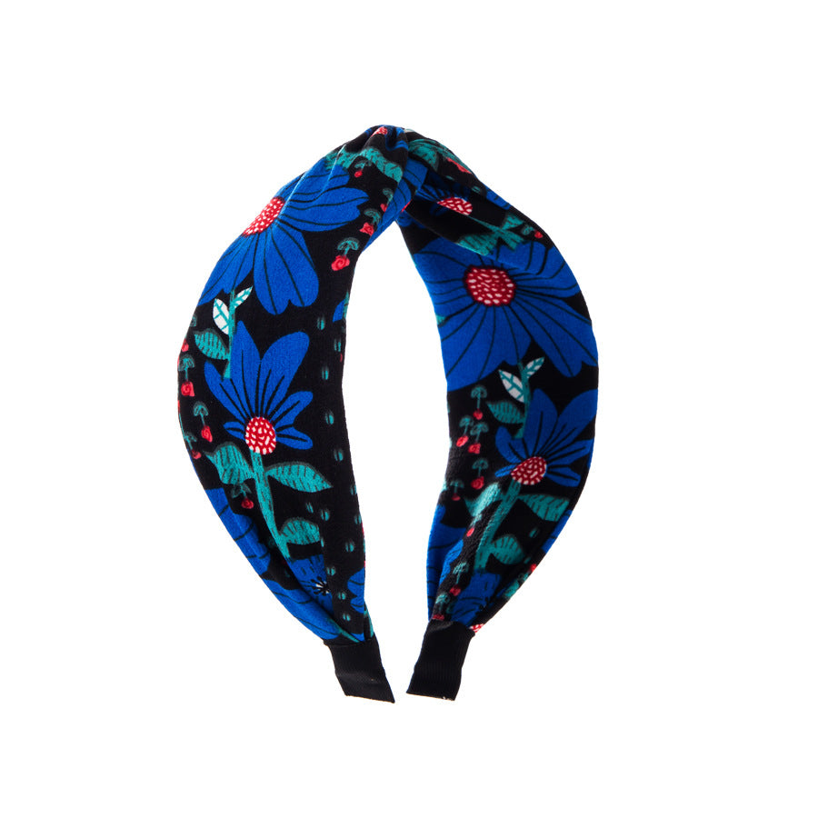 Knotted Wide Headband with Bold Botanical Print - Blue