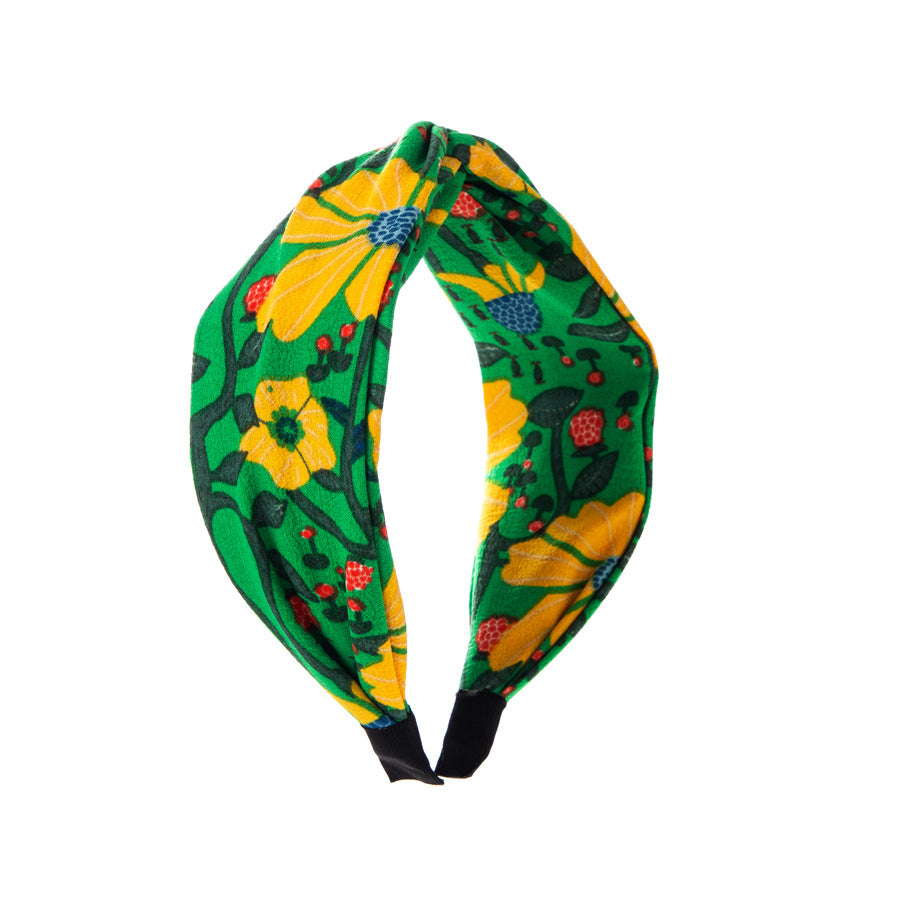 Knotted Wide Headband with Bold Botanical Print - Green