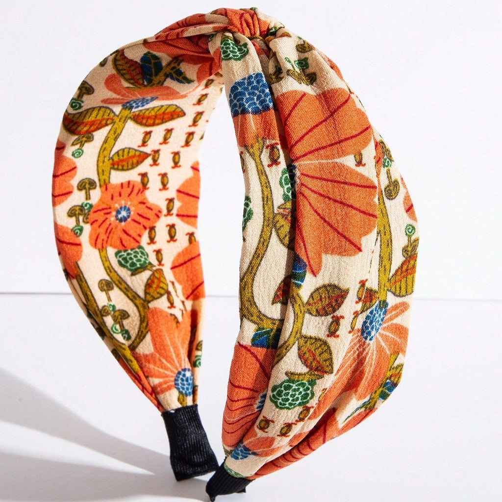 Knotted Wide Headband with Bold Botanical Print - Orange