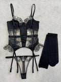 Black Embroidered Lace Underwire Corset Garter Set - Black