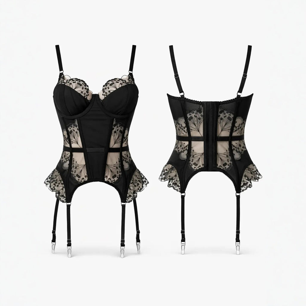 Black Embroidered Lace Underwire Corset Garter Set