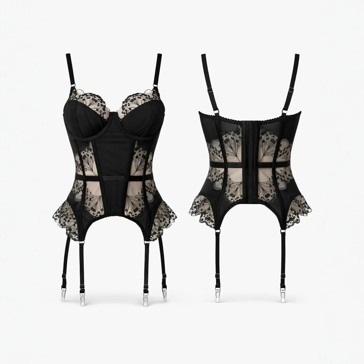 Black Embroidered Lace Underwire Corset Garter Set
