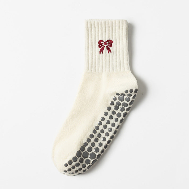 Embroidered Bow Crew Socks With Grips - Beige - 1