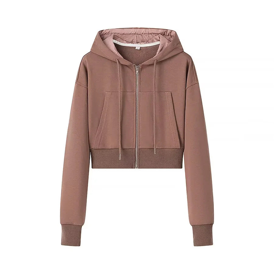 Cropped Zip Up Hoodie Jacket - Brown
