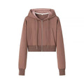 Cropped Zip Up Hoodie Jacket - Brown